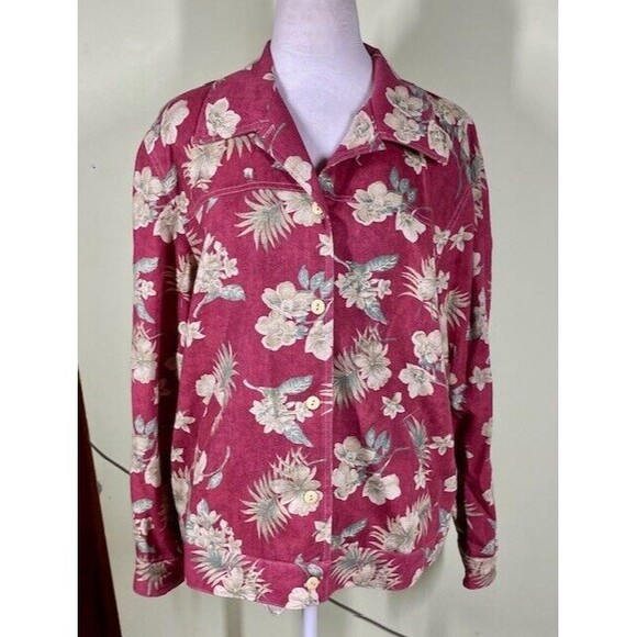 LA Chemise Womens Petite Sz LP Red Floral Linen Blend Shacket Grandmacore - Picture 1 of 9